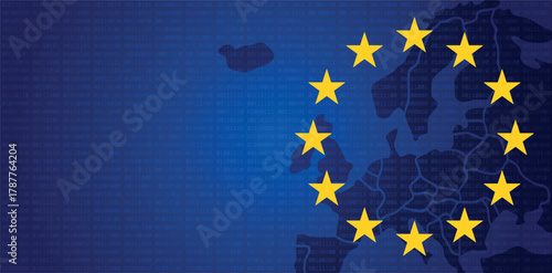 European Union digital map with binary code background symbolizing data protection cybersecurity GDPR regulation technology network integration innovation across Europe digital economy governance