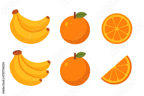 Stylized yellow bananas and orange citrus fruits assortment