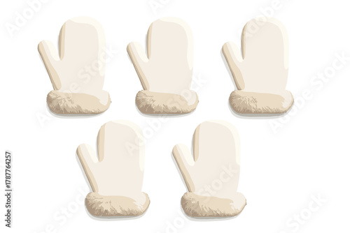 Set of five white winter mittens with faux fur trim isolated on white background