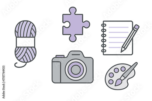 Collection of crafting and hobby icons including yarn, puzzle piece, camera, notebook, and palette