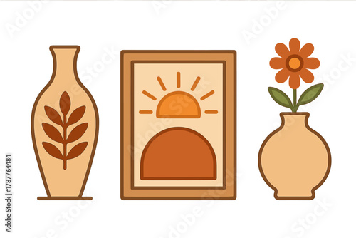 Bohemian home decor set featuring abstract sun art and ceramic vases