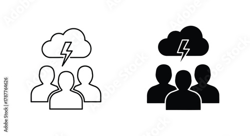 Vector art of group of people under a stormy cloud, representing a crisis or conflict