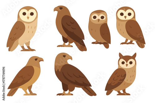 Stylized brown owls and birds of prey icons collection
