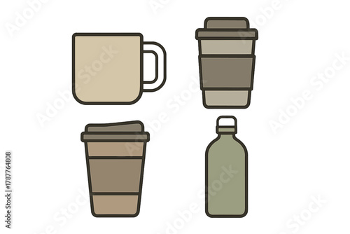 Assortment of coffee mugs disposable cups and beverage container icons
