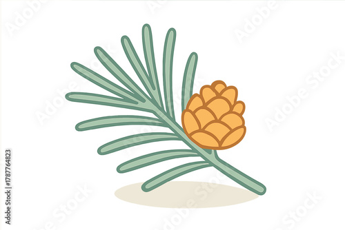 Stylized pine branch with small cone and green needles