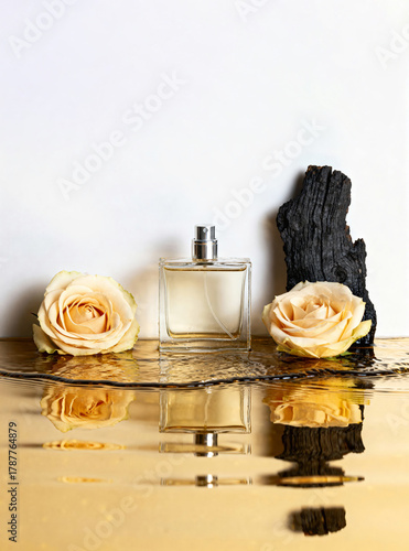 Bottle of golden perfume in water and with tree bark and roses next to it