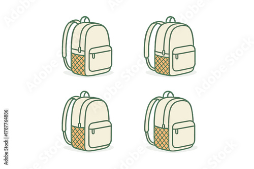 Four cream and green backpacks with side mesh pocket detail