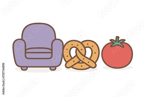 Armchair pretzel and tomato icons arranged in a horizontal line