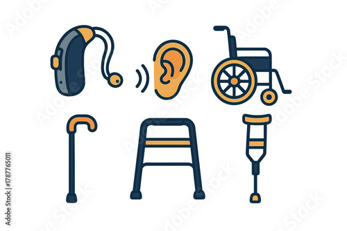 Mobility and hearing assistance icons featuring wheelchair, hearing aid, cane, and crutch