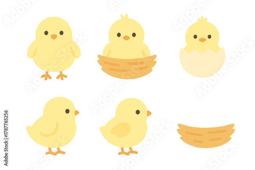 Adorable baby chicks hatching and resting in a nest icons