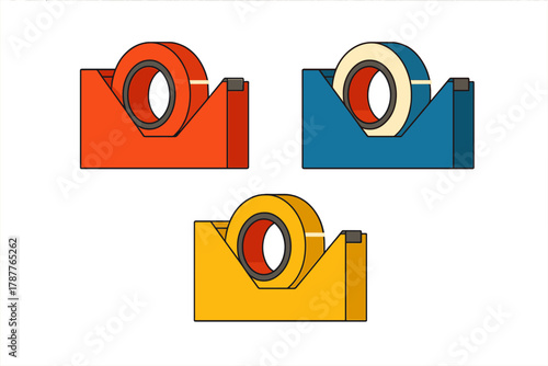 Set of three desktop tape dispensers with adhesive rolls in different colors