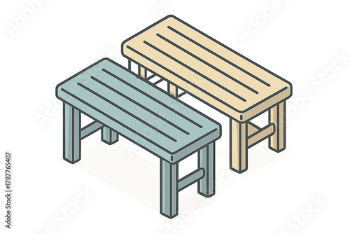 Two isometric wooden benches in pastel colors for outdoor seating