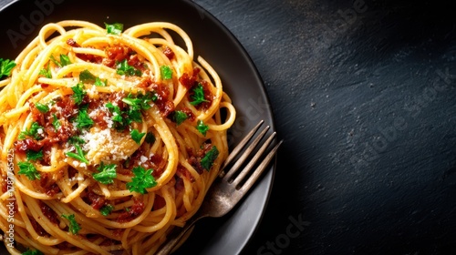 This mouthwatering plate of spaghetti garnished with fresh herbs and cheese invites a delicious culinary experience, embodying the joy of good food.