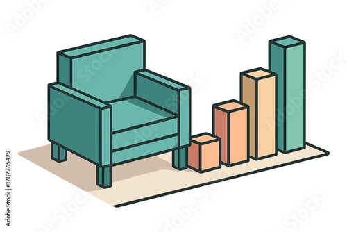 Isometric armchair beside ascending bar chart symbolizing business growth and success