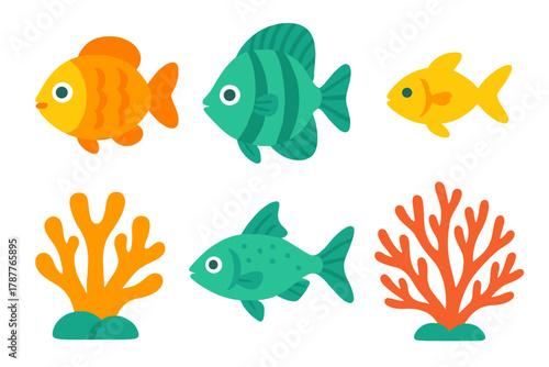 Colorful cartoon tropical fish and coral reef elements for underwater design
