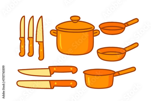 Orange cooking pots and kitchen knives icon set for culinary design