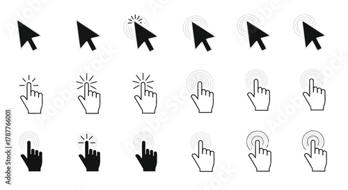 Vector art of set of cursor and hand pointer icons, representing click and touch actions