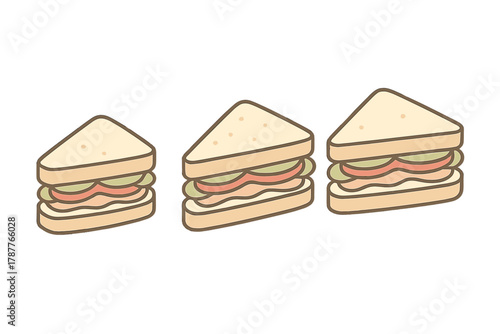 Three triangular club sandwiches with meat and fresh lettuce filling