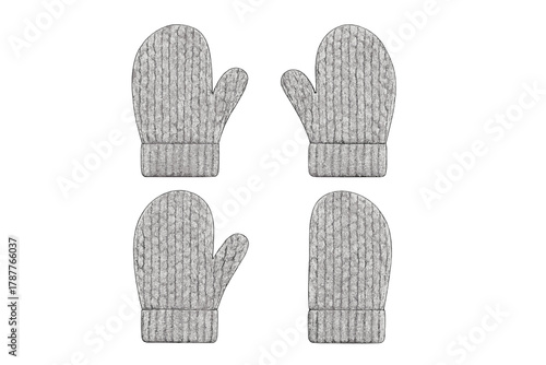 Four gray knitted winter mittens featuring a detailed cable pattern