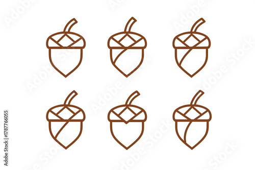 Six stylized acorn line icons in brown outline for nature themes