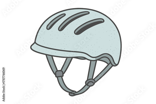 Light blue protective headgear with adjustable chin strap and ventilation slots