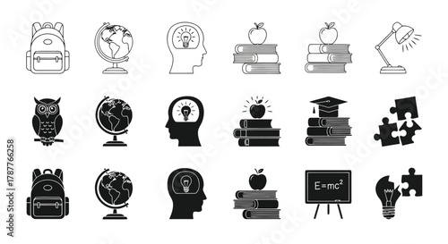 Vector art of collection of education icons, featuring school supplies, learning symbols, and academic elements for educational designs