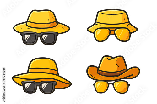 Yellow sun hats and sunglasses icons for summer vacation travel
