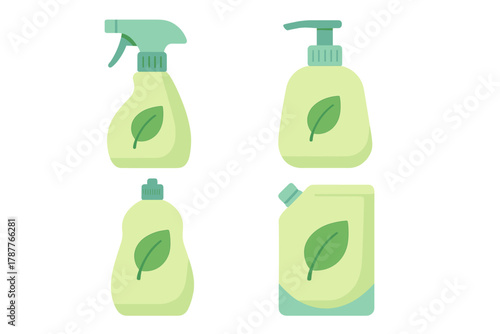 Four eco-friendly cleaning product containers featuring green leaf icons