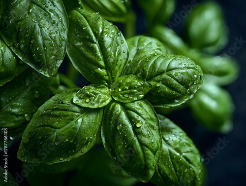 Fresh Dewy Basil Leaves Close-Up , Vibrant Green Aromatic Culinary Herb with Detailed Leaf Veins and Water Droplets, Ultra Realistic Studio Macro Food Photography