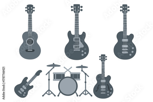 Assortment of acoustic and electric string instruments alongside a drum kit