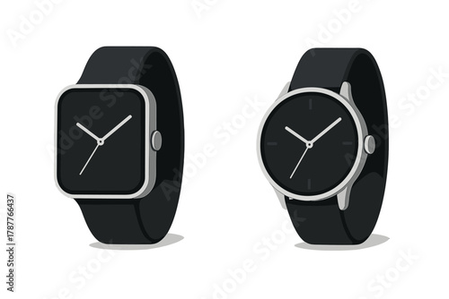 Modern wristwatches comparison square and round faces black strap