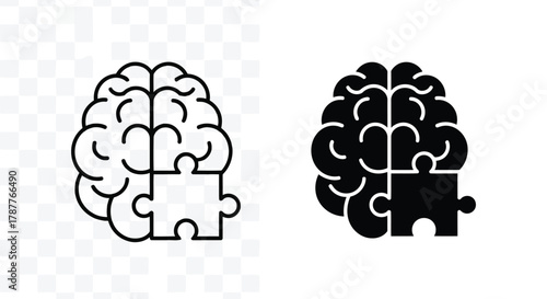 Vector art of brain puzzle piece icon, representing problem solving, intelligence, memory, and cognitive function in a simple and modern design