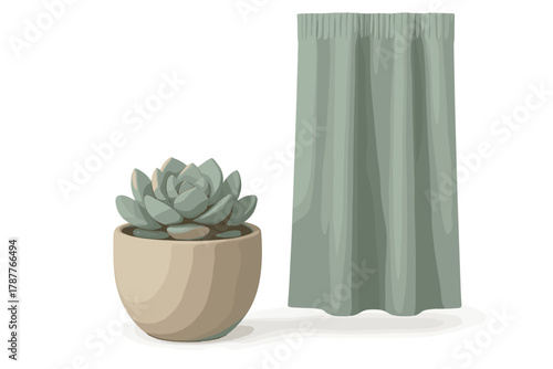 Minimalist succulent plant in beige pot beside sage green curtain panel