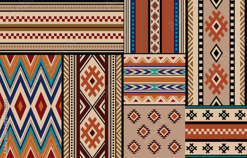Ethnic tribal  colorful patchwork background. Seamless tribal pattern, folk embroidery, tradition geometric tribal ornament. Traditional design for fabric, textile, print, rug, paper, carpet

