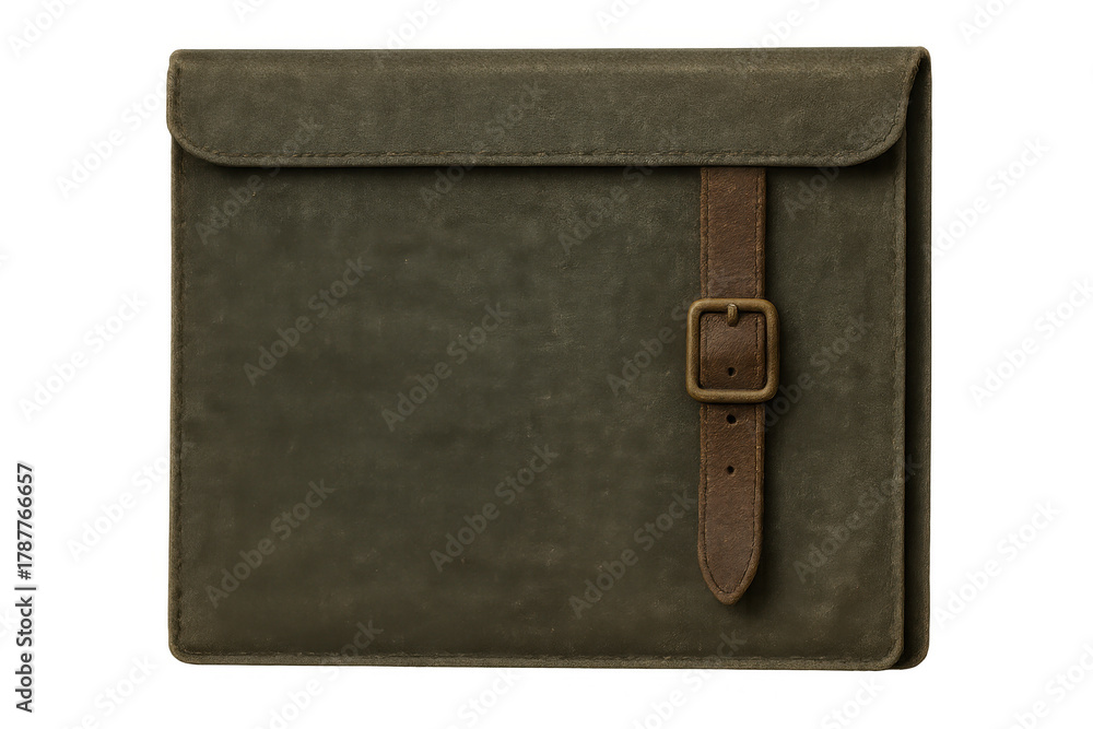 Fototapeta premium Olive green waxed canvas laptop sleeve with leather strap and brass buckle creating vintage style and protection