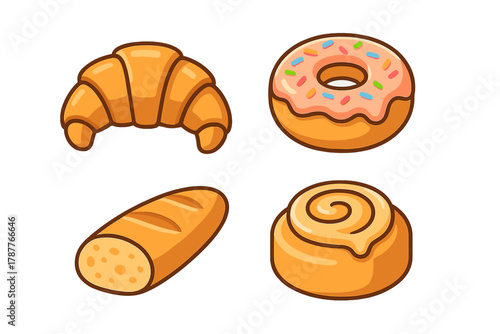Set of stylized icons representing various baked goods like croissant donut and bread