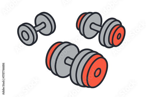 Three colorful adjustable dumbbell icons in isometric three-quarter view