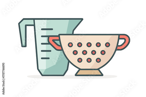 Translucent kitchen measuring cup and perforated colander set for food preparation