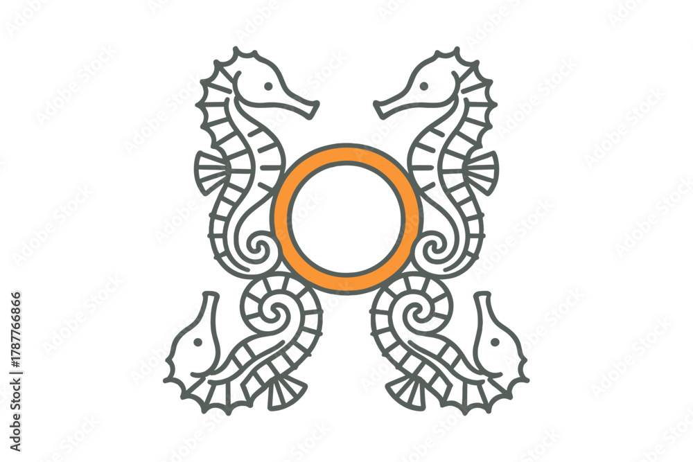 Fototapeta premium Four seahorses create a circular frame emblem design element