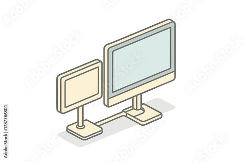 Isometric dual computer monitors connected for extended display setup