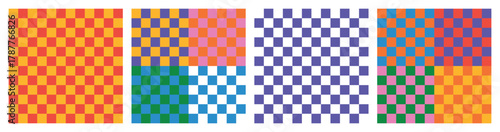 Cool simple geometric Y2K backgrounds. Colorful trendy checker board square seamless pattern collection. Set of geometric pastel square background in vintage 90s style, groovy multicoloured retro