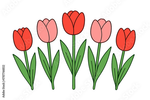 Five stylized red and pink tulips with green stems and leaves