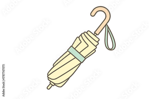 Closed folding umbrella with curved handle and securing strap detail