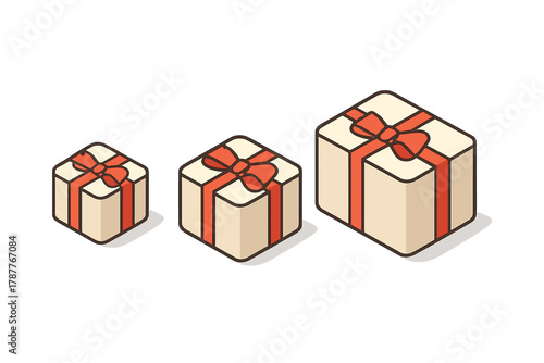 Isometric set of three beige gift boxes with red ribbons
