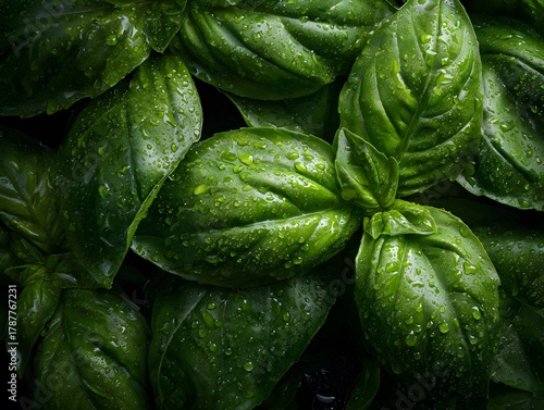 Fresh Basil Leaves on dark  Background , Vivid Green Aromatic Culinary Herb with Glossy Dewy Texture, Ultra Realistic Macro Food Photography in Bright Studio Lighting