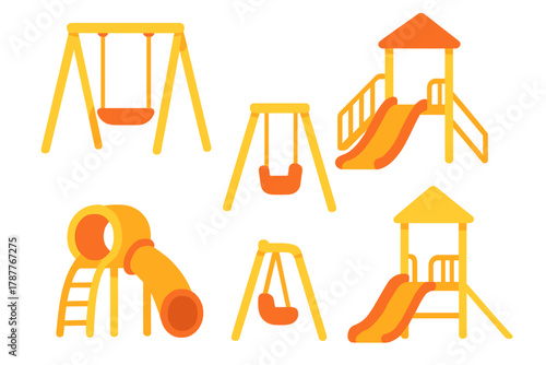 Vibrant yellow and orange icons depicting various playground equipment elements