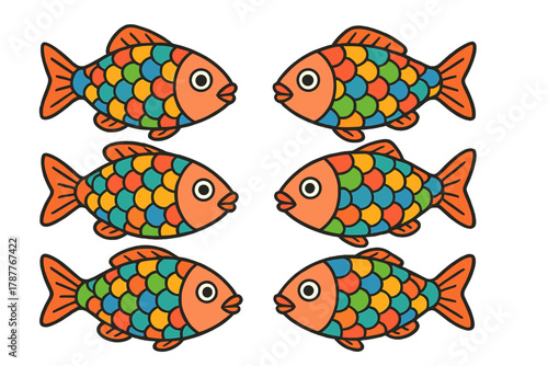Six colorful patterned fish facing each other in opposing pairs