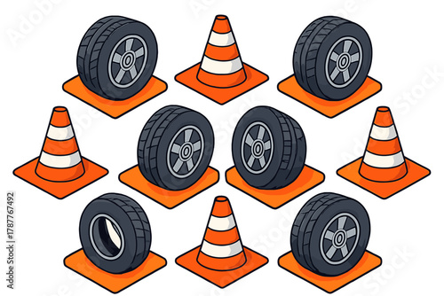 Isometric pattern of car tires and orange traffic cones