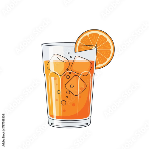Refreshing orange juice with ice cubes garnished with an orange slice vector illustration for summer drink concepts