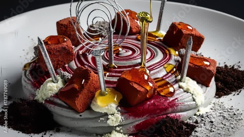A surreal, AI-generated image parodying gourmet food. This conceptual dessert features industrial elements like nails and wire, a sharp critique of modern haute cuisine's excesses and presentation foc